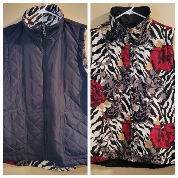 Reversible Quilted Vest Black Rose/Zebra Print Women 1X Casual Identity Light Wt - Picture 1 of 13